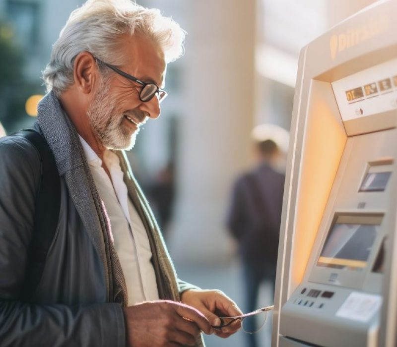 Senior Man Using An ATM To Make A Payment Or Transfer. Elderly People Adapting To Digitalization. Generative AI.