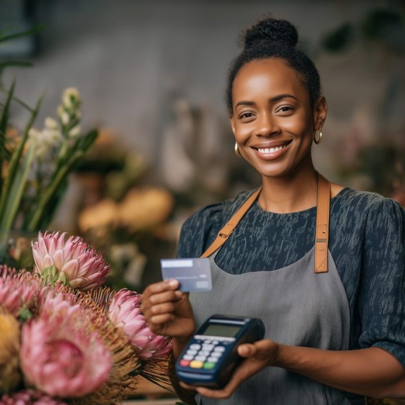Florist holding credit card and POS terminal accepting payment in flower shop
